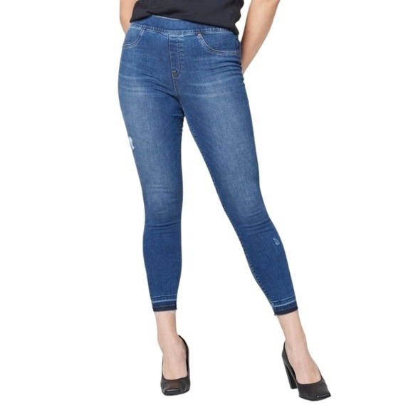 Spanx Distressed High Rise Skinny Ankle Jeans Frayed Hem Blue Size Large - Picture 1 of 13
